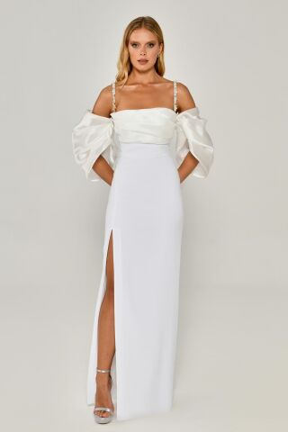 Askılı Düşük Balon Kol Yırtmaçlı Uzun Elbise Beyaz - 46