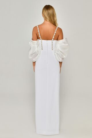 Askılı Düşük Balon Kol Yırtmaçlı Uzun Elbise Beyaz - 46
