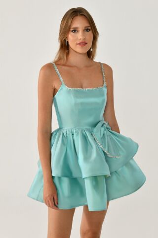 Askılı Şerit Taş Aksesuarlı Fiyonklu Tafta Kısa Elbise MİNT - 38