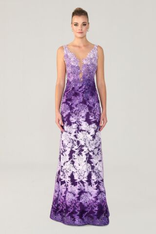 Göğüs Transparan Uzun Elbise Lila - 40