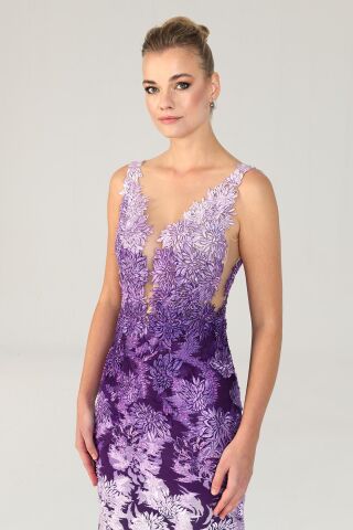 Göğüs Transparan Uzun Elbise Lila - 40