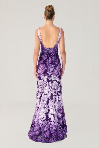 Göğüs Transparan Uzun Elbise Lila - 40