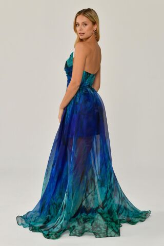 Kayık Yaka Desenli Tül Uzun Elbise SAKS / YEŞİL - 42