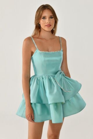Askılı Şerit Taş Aksesuarlı Fiyonklu Tafta Kısa Elbise MİNT - 40
