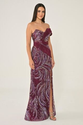 Tek Düşük Omuz Yandan Yırtmaçlı Payet Uzun Elbise Mürdüm - 42