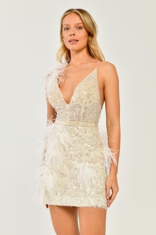 V Yaka Sırt İp Askılı Otrişli Payetli Kumaş Kısa Elbise EKRU - 38