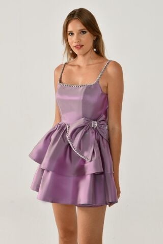 Askılı Şerit Taş Aksesuarlı Fiyonklu Tafta Kısa Elbise GÜL KURUSU - 40