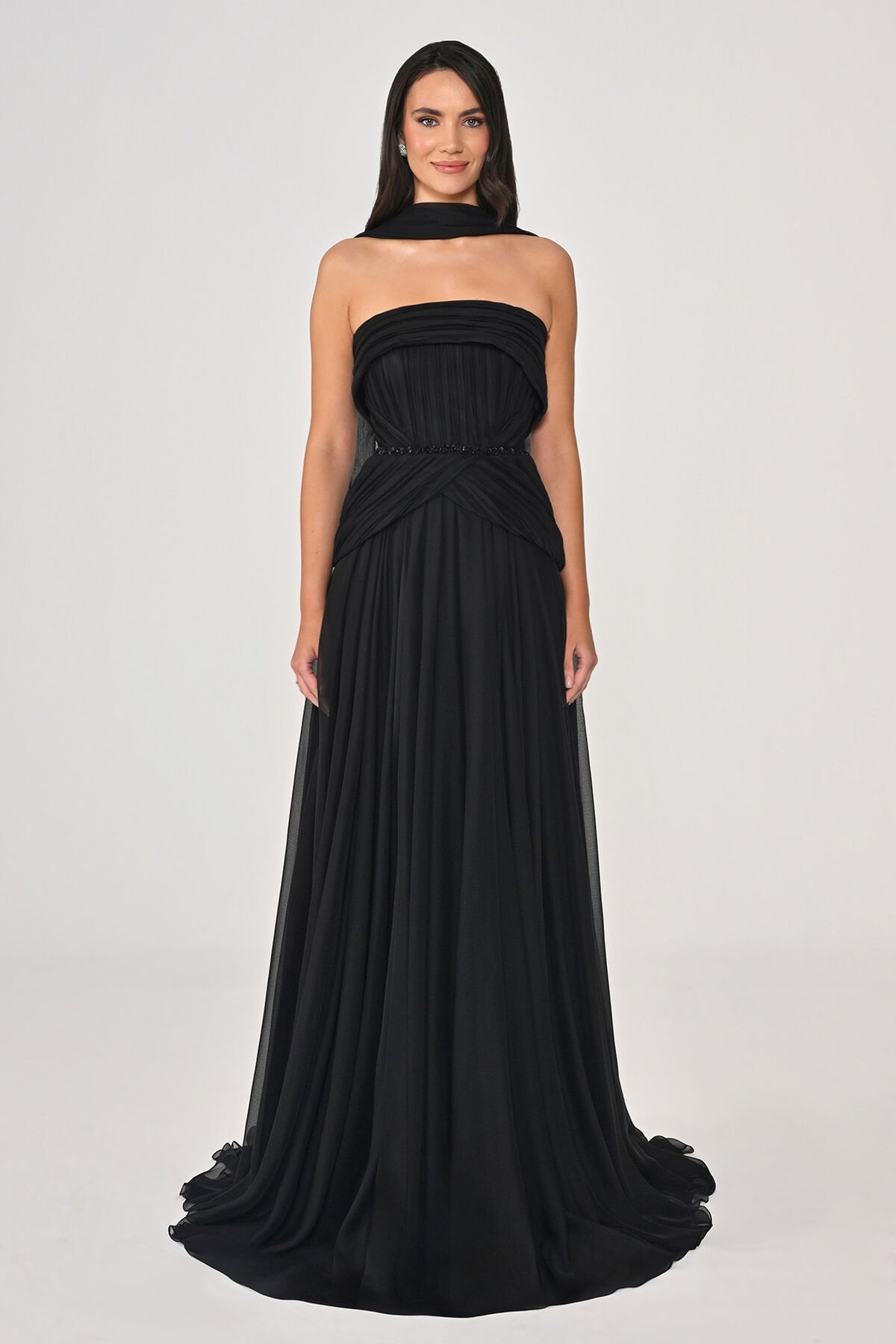 Straplez Şallı Piliseli Şifon Uzun Elbise