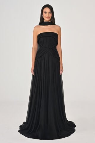 Straplez Şallı Piliseli Şifon Uzun Elbise