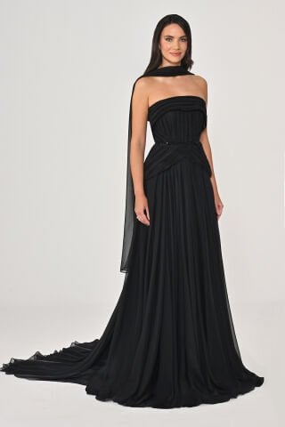 Straplez Şallı Piliseli Şifon Uzun Elbise