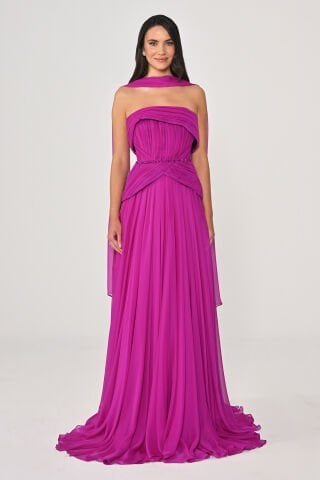 Straplez Şallı Piliseli Şifon Uzun Elbise