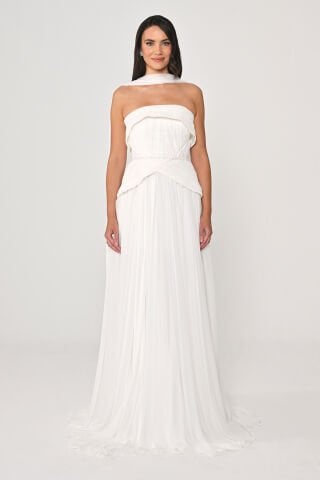 Straplez Şallı Piliseli Şifon Uzun Elbise