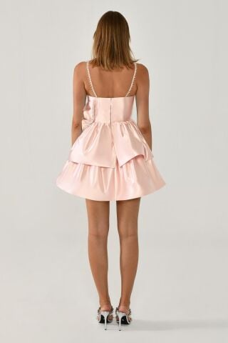 Askılı Şerit Taş Aksesuarlı Fiyonklu Tafta Kısa Elbise Pudra - 36