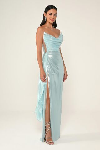 Straplez Parlak Kumaş Yandan Yırtmaçlı Uzun Elbise BEBE MAVİ - 36