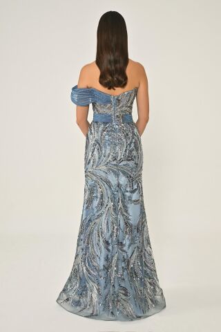 Tek Düşük Omuz Yandan Yırtmaçlı Payet Uzun Elbise İNDİGO - 38