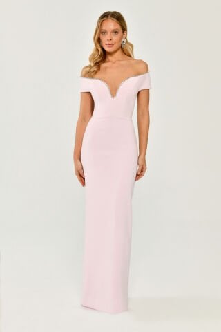 Düşük Omuz Taş Şerit Aksesuarlı Krep Uzun Elbise