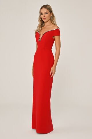Schulterfreies, langes Crêpe-Kleid mit Steinstreifen