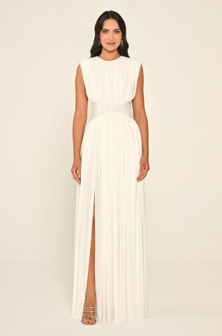 Vatkalı Beli Taşlı Yırtmaçlı Uzun Elbise