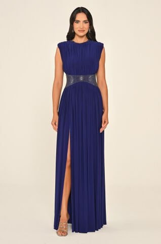 Vatkalı Beli Taşlı Yırtmaçlı Uzun Elbise