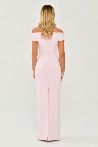 Düşük Omuz Taş Şerit Aksesuarlı Krep Uzun Elbise Pembe - 36