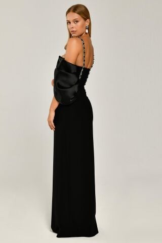 Askılı Düşük Balon Kol Yırtmaçlı Uzun Elbise Siyah - 40