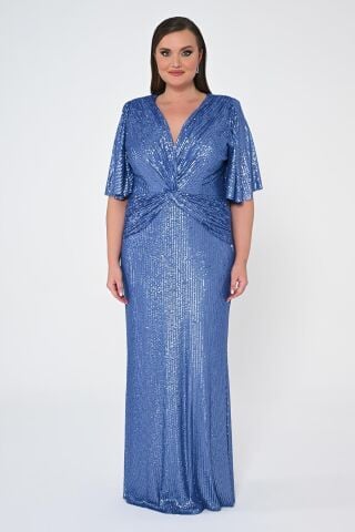 V Yaka Büzgülü Payet Kumaş Uzun Elbise İNDİGO - 48