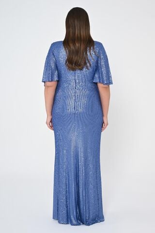 V Yaka Büzgülü Payet Kumaş Uzun Elbise İNDİGO - 48