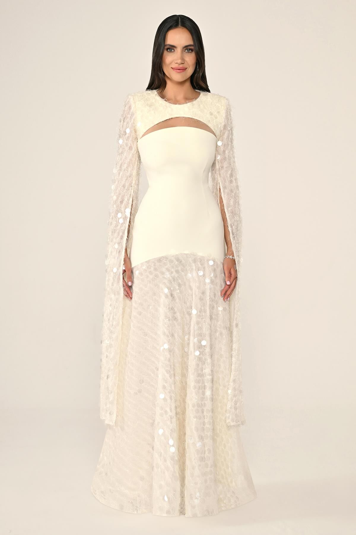 Şal Kol Payetli Pullu Üstü Krep Uzun Elbise EKRU - 40