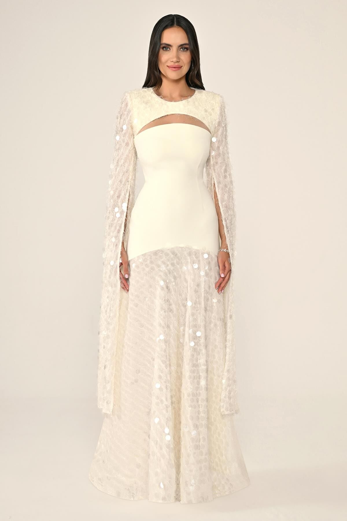 Şal Kol Payetli Pullu Üstü Krep Uzun Elbise EKRU - 40