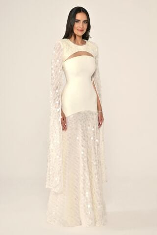 Şal Kol Payetli Pullu Üstü Krep Uzun Elbise EKRU - 40