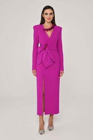 Uzun Kollu Vatkalı V Yaka Önden Yırtmaçlı Midi Elbise Eflatun - 38