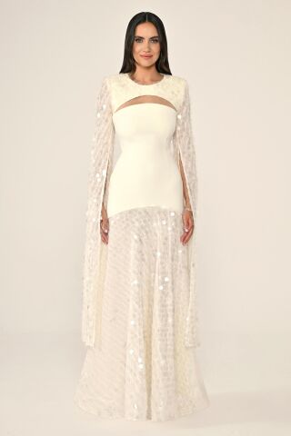 Şal Kol Payetli Pullu Üstü Krep Uzun Elbise EKRU - 42