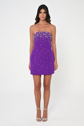 Straplez Taş İşlemeli Krep Kısa Elbise