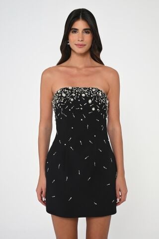 Straplez Taş İşlemeli Krep Kısa Elbise