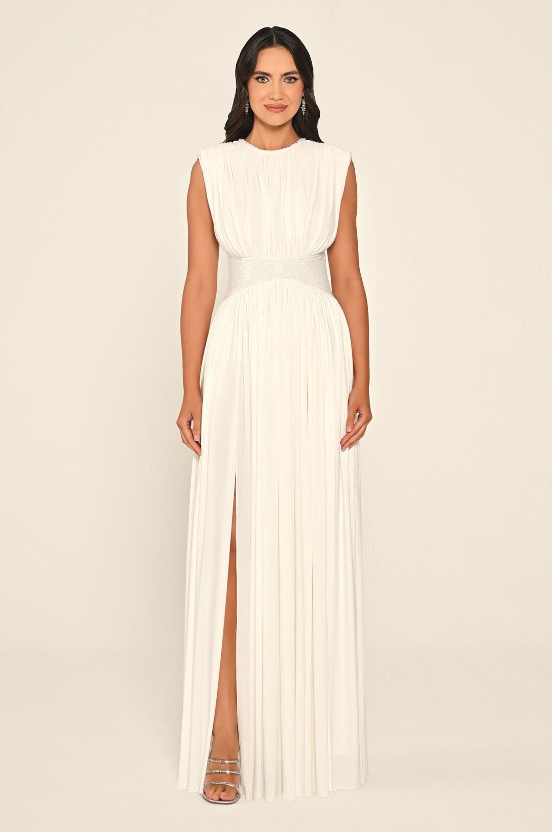 Vatkalı Beli Taşlı Yırtmaçlı Uzun Elbise Beyaz - 42