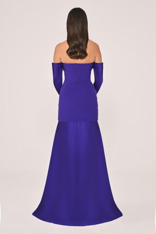 Straplez Taş Aksesuarlı Kollu Saten Uzun Elbise Mor - 42