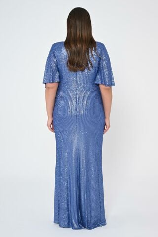 V Yaka Büzgülü Payet Kumaş Uzun Elbise İNDİGO - 42