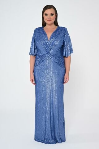 V Yaka Büzgülü Payet Kumaş Uzun Elbise İNDİGO - 44