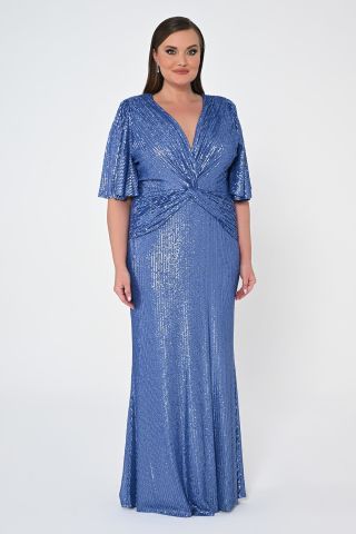 V Yaka Büzgülü Payet Kumaş Uzun Elbise İNDİGO - 44