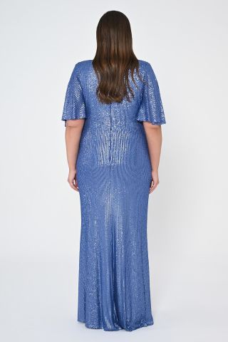 V Yaka Büzgülü Payet Kumaş Uzun Elbise İNDİGO - 44