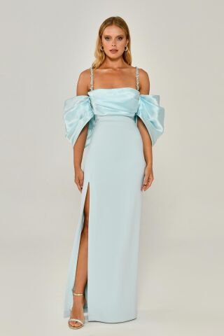Askılı Düşük Balon Kol Yırtmaçlı Uzun Elbise AÇIK MAVİ - 40