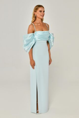 Askılı Düşük Balon Kol Yırtmaçlı Uzun Elbise AÇIK MAVİ - 40