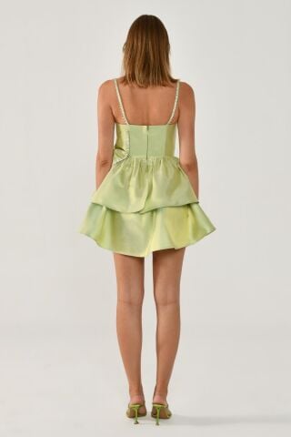 Askılı Şerit Taş Aksesuarlı Fiyonklu Tafta Kısa Elbise SUYEŞİLİ - 38