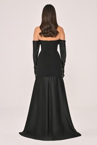Straplez Taş Aksesuarlı Kollu Saten Uzun Elbise Siyah - 38
