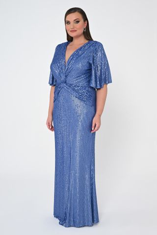 V Yaka Büzgülü Payet Kumaş Uzun Elbise İNDİGO - 46