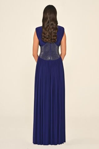 Vatkalı Beli Taşlı Yırtmaçlı Uzun Elbise KOYU MOR - 40