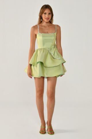 Askılı Şerit Taş Aksesuarlı Fiyonklu Tafta Kısa Elbise SUYEŞİLİ - 40