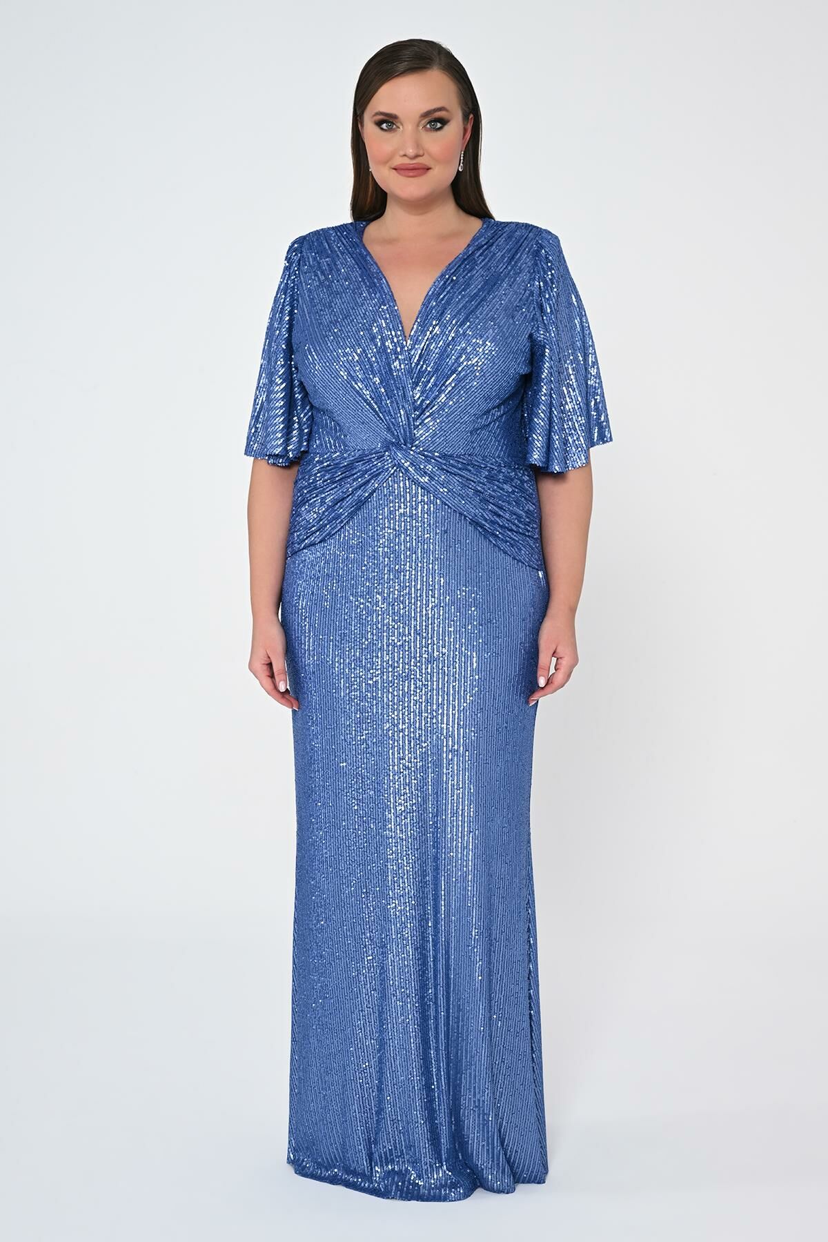 V Yaka Büzgülü Payet Kumaş Uzun Elbise İNDİGO - 48