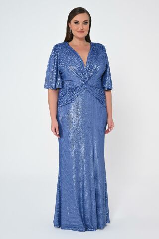 V Yaka Büzgülü Payet Kumaş Uzun Elbise İNDİGO - 48