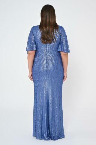 V Yaka Büzgülü Payet Kumaş Uzun Elbise İNDİGO - 48